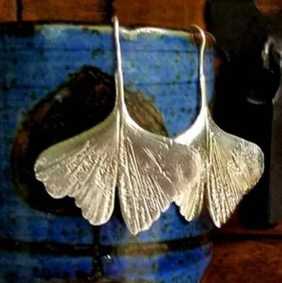 Silver Gingko Biloba Leaf Earrings 3D Leaves Nature Modern Botanical Minimalist